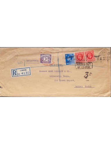 Gran Bretaña. Sobre Yv . 1937. 1 p rojo, dos sellos y 2½ p ultramar. BILBAO a LONDRES (GRAN BRETAÑA), franqueada y depositada