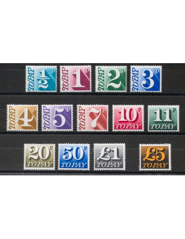 Gran Bretaña, Tasas. **Yv 73/82, 83. 1970. Serie completa, incluyendo el sello de 5 Libras. MAGNIFICA. Yvert 2019: 72 Euros.