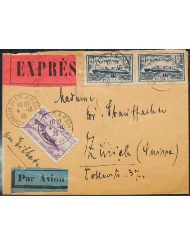 Francia. Sobre Yv 299(2), Aéreo 7. 1935. 1´50 f azul, dos sellos y 2´25 f lila. PARIS a ZURICH (SUIZA). Al dorso llegada. MAGN