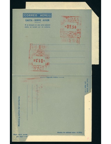 OL00279. Aerograma 1948. Doble franqueo uno invertido 2,50 p + 1,50 p. Tipo B (I) AA+E K34