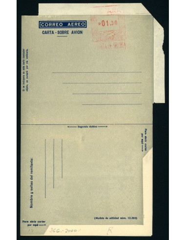 OL00289. Aerograma 1949. Franqueo 1,30 pesetas fondo gris claro. Tipo C (I) AA K7c