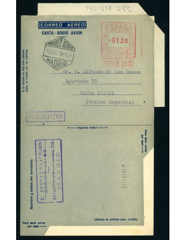 OL00292. Aerograma 1949. PRIMER DIA. Franqueo 1,50 pesetas. Tipo C (I) AA K68a. Madrid a Santa Isabel