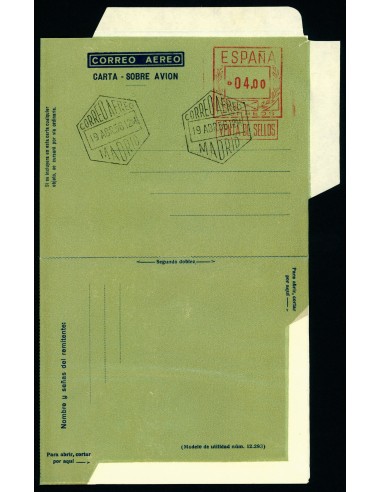 OL00321. Aerograma 1956 Tipo D (I) AE+E. Franqueo 4,00 pesetas. Ensayo en color azul verde