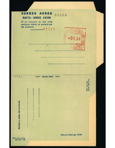 OL00220. Aerograma 1947. Franqueo 1,30 Ptas ENSAYO COLOR VERDE. Tipo A (II). Fondo gris claro.
