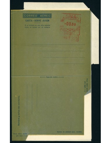 OL00232. Aerograma 1948. Franqueo 90 céntimos. Tipo B (I). Ensayo color verde oscuro