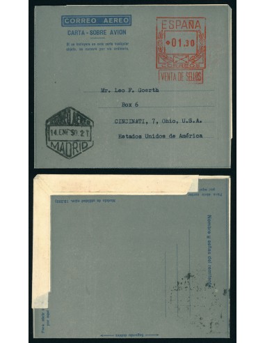 OL00238. Aerograma 1948. Franqueo 1,30 pesetas. Tipo B (I) AE angulo estrecho. Madrid a Cincinati