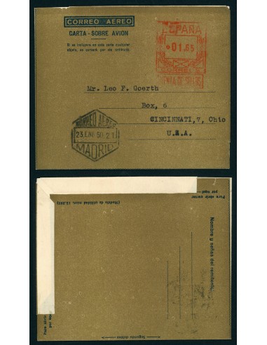 OL00257. Aerograma 1948. Franqueo 1,65 pesetas. Tipo B (I) AA castaño, K9a. Madrid a Cincinati