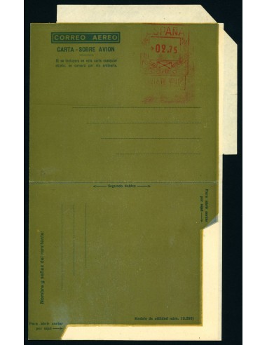 OL00267. Aerograma 1948. Franqueo 2,75 pesetas. Tipo B (I) AE, K31b. Ensayo fondo gris verde