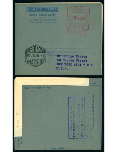 OL00270. Aerograma 1948. Franqueo 4,00 pesetas. Tipo B (II) AE. Madrid a New York