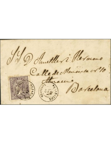 Aragón. Historia Postal. Sobre 98. 1869. 50 mil violeta. LA ALMOLDA a ZARAGOZA. Matasello BUJARALOZ / ZARAGOZA. LUJO.