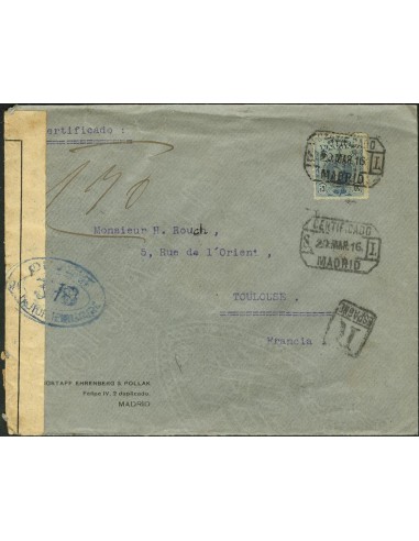Alfonso XIII Correo Certificado. Sobre 277. 1916. 50 cts. MADRID a FRANCIA. Matasello CERTIFICADO / MADRID. LUJO.
