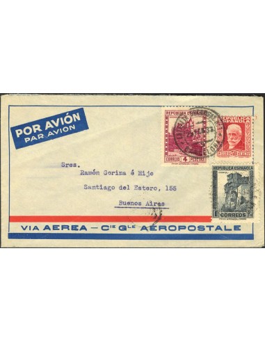 República Española Correo Aéreo. Sobre 669, 673, 674. 1933. 30 cts, 1 pta, 4 pta. BARCELONA a BUENOS AIRES. Matasello ESTAFETA