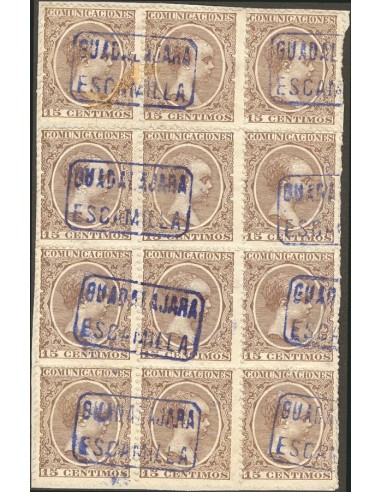 Castilla-La Mancha. Filatelia. º219(12). 1889. 15 cts castaño, bloque de doce. Matasello cartería GUADALAJARA / ESCAMILLA, en