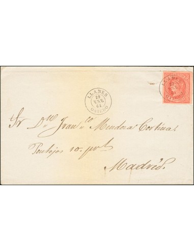 Asturias. Historia Postal. Sobre 64. 1864. 4 cuartos rojo. LLANES a MADRID. Matasello LLANES / OVIEDO. LUJO.
