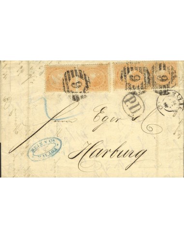 Isabel II. Periodo Dentado. Sobre 89A(3), 89Ait. 1867. 12 cuartos naranja, cuatro sellos uno con la variedad "DOCEO". MALAGA a