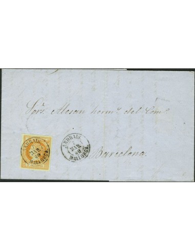 Islas Baleares. Historia Postal. Sobre 52. 1860. 4 cuartos amarillo. ANDRAIS a BARCELONA. Matasello ANDRAIS / MALLORCA. LUJO.