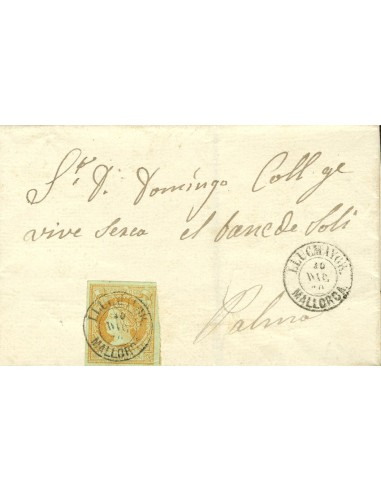 Islas Baleares. Historia Postal. Sobre 52. 1860. 4 cuartos amarillo. LLUCHMAYOR a PALMA. Matasello LLUCHMAYOR / MALLORCA. LUJO