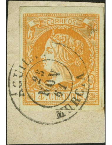 Murcia. Filatelia. Fragmento 52. 1860. 4 cuartos naranja, sobre fragmento. Matasello AGUILAS / MURCIA.