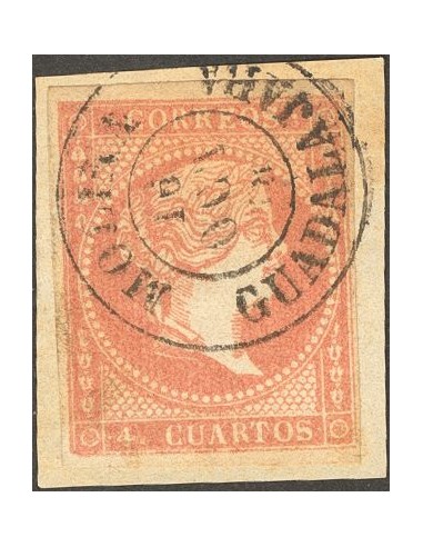 Castilla-La Mancha. Filatelia. º48. 1856. 4 cuartos rojo, sobre fragmento. Matasello MOLINA / GUADALAJARA. MAGNIFICO.