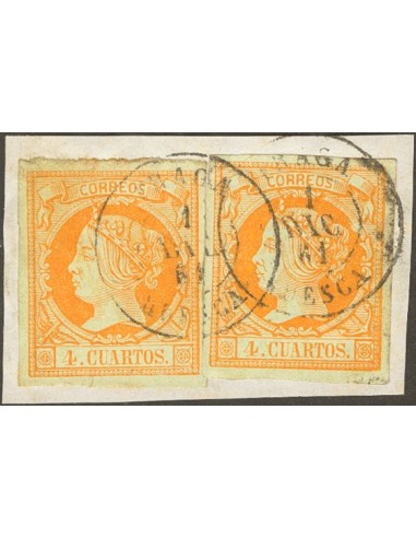 Aragón. Filatelia. Fragmento 52(2). 1860. 4 cuartos amarillo, dos sellos sobre fragmento. Matasello FRAGA / HUESCA. MAGNIFICO.