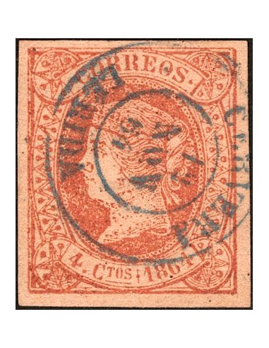 Cataluña. Filatelia. º64. 1864. 4 cuartos rojo. Matasello CERVERA / LERIDA, en azul. MAGNIFICO.