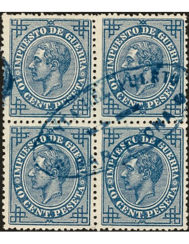 Cataluña. Filatelia. º184(4). 1876. 10 céntimos azul, bloque de cuatro. Matasello oval JUNTA DEL PUERTO / DE / BARCELONA, en a