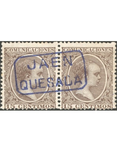 Andalucía. Filatelia. º219(2). 1889. 15 cts castaño, pareja. Matasello cartería JAEN / QUESADA, en azul. LUJO.