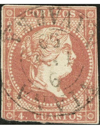 Navarra. Filatelia. º48. 1856. 4 cuartos rojo. Matasello VIANA / NAVARRA (Tipo I).