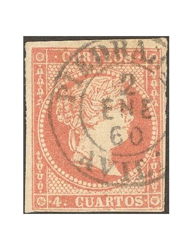 Castilla y León. Filatelia. º48. 1856. 4 cuartos rojo. Matasello PIEDRAHITA / AVILA (Tipo I).