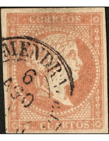 Extremadura. Filatelia. º48. 1856. 4 cuartos rojo. Matasello ALMENDRALEJO / BADAJOZ (Tipo I).