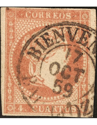 Extremadura. Filatelia. º48. 1856. 4 cuartos rojo. Matasello BIENVENIDA / BADAJOZ (Tipo I).