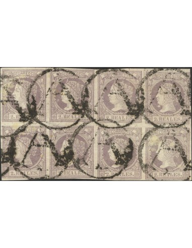 Castilla-La Mancha. Filatelia. º56(8). 1860. 2 reales lila, bloque de ocho. Matasello "A" de Infantes. MAGNIFICA Y RARISIMA.