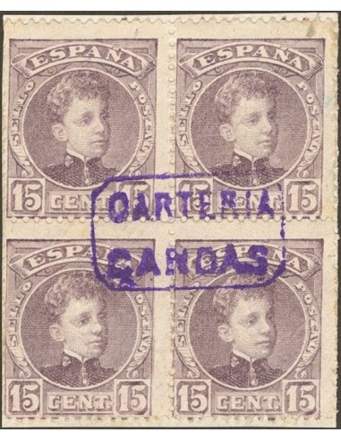 Asturias. Filatelia. º245(4). 1901. 15 cts castaño, bloque de cuatro. Matasello CARTERIA / CANDAS. MAGNIFICO.