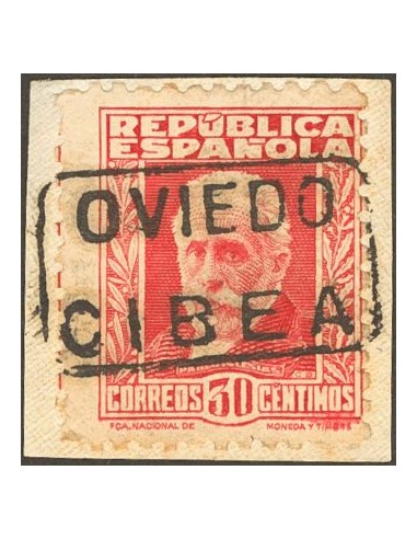 Asturias. Filatelia. Fragmento 669. 1932. 30 cts carmin, fragmento. Matasello cartería CIBEA / OVIEDO. MAGNIFICO.