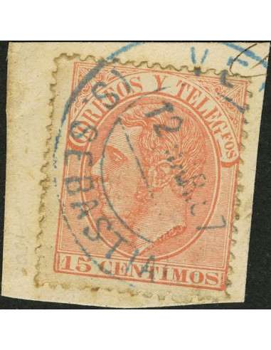 País Vasco. Filatelia. Fragmento 210. 1882. 15 cts naranja, sobre fragmento. Matasello VERGARA / SAN SEBASTIAN, en azul.