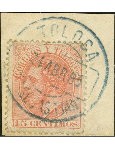 País Vasco. Filatelia. Fragmento 210. 1882. 15 cts naranja, sobre fragmento. Matasello TOLOSA / SAN SEBASTIAN, en azul.