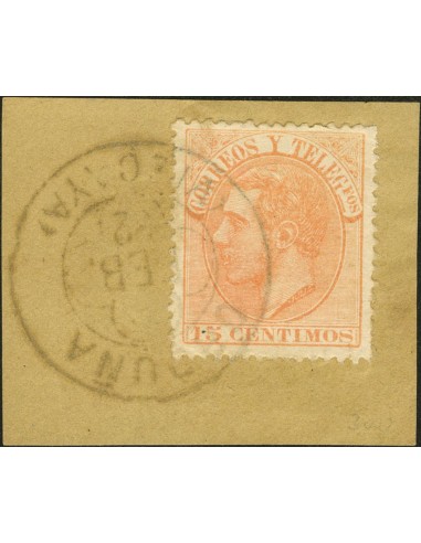 País Vasco. Filatelia. Fragmento 210. 1882. 15 cts naranja, sobre fragmento. Matasello trébol VIZCAYA / ORDUÑA. MAGNIFICO.