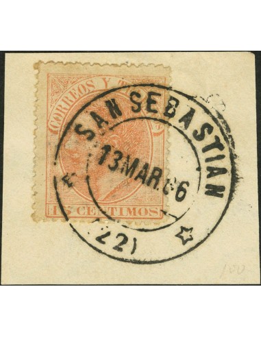 País Vasco. Filatelia. Fragmento 210. 1882. 15 cts naranja, sobre fragmento. Matasello SAN SEBASTIAN / (22). MAGNIFICO.