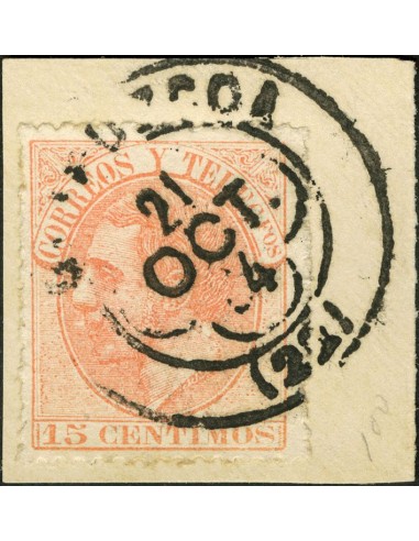 País Vasco. Filatelia. Fragmento 210. 1882. 15 cts naranja, sobre fragmento. Matasello trébol GUIPUZCOA / (22). MAGNIFICO.