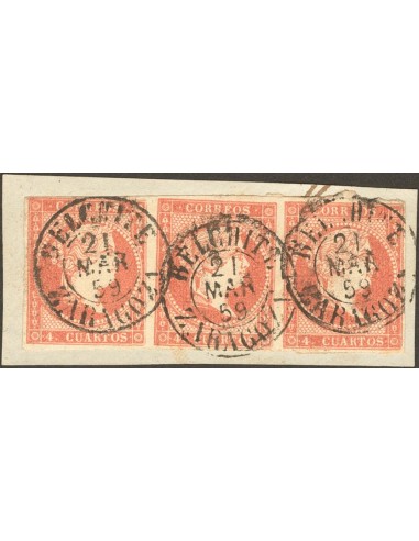 Aragón. Filatelia. Fragmento 48(3). 1856. 4 cuartos rojo, tira de tres, sobre fragmento. Matasello BELCHITE / ZARAGOZA (Tipo I