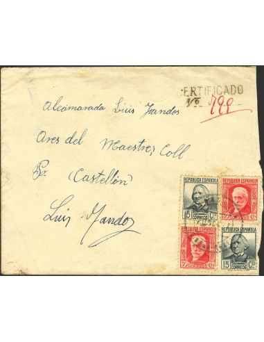 Guerra Civil. Bando Republicano Correo Certificado. Sobre 734(2), 683(2). 1937. 15 cts, dos sellos y 30 cts, dos sellos. Carta