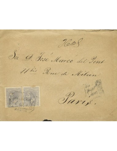 Alfonso XII. Sobre 204(2). 1887. 25 cts gris, dos sellos. MADRID a PARIS. Matasello CERTIFICADO / MADRID. BONITA Y RARA.