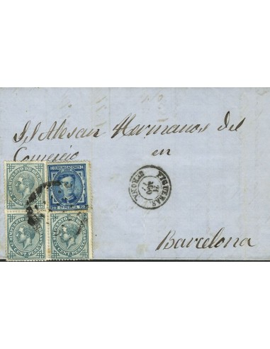 Alfonso XII. Sobre 175,183(3). 1877. 5 cts, tres sellos y 10 cts azul. FIGUERAS a BARCELONA. Matasello CIRCULO DE PUNTOS, en e