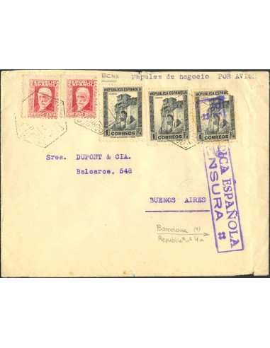 República Española Correo Aéreo. Sobre 669(2),770(3). 1937. 30 cts, dos sellos y 1 pts, tres sellos (uno defectuoso). BARCELON