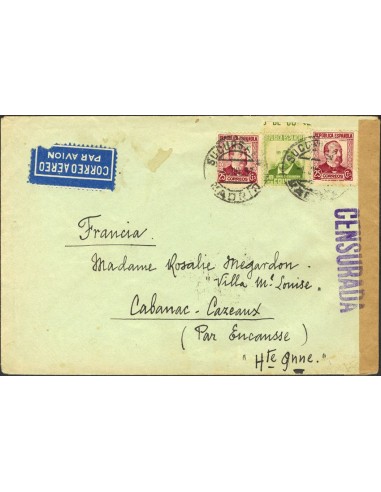 República Española Correo Aéreo. Sobre 672,685(2). 1937. 60 cts y 25 cts, dos sellos. MADRID a CABANAL (FRANCIA). Matasello SU