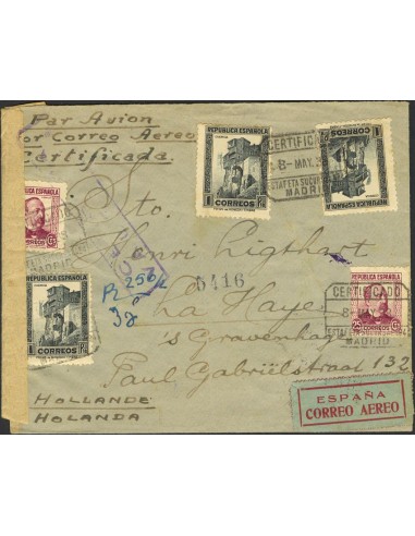 Guerra Civil. Bando Republicano Correo Certificado. Sobre 685(2),673(3). 1938. 25 cts, dos sellos y 1 pts, tres sellos. MADRID