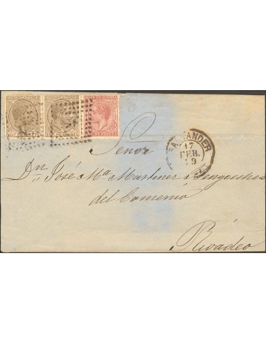 Cantabria. Historia Postal. Sobre 192(2),188. 1879. 10 cts castaño, pareja y 15 cts carmín. Frontal de SANTANDER a RIVADEO. Ma