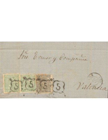 Andalucía. Historia Postal. Sobre 133(2),141. 1876. 5 cts negro y 10 cts verde, dos sellos. GRANADA a VALENCIA. Matasello ARAÑ