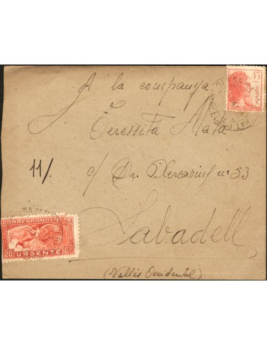 Cataluña. Historia Postal. Sobre 679, 752. 1938. 20 cts urgente, sello con defecto y 45 cts. OLESA DE MONTSERRAT a SABADELL. M
