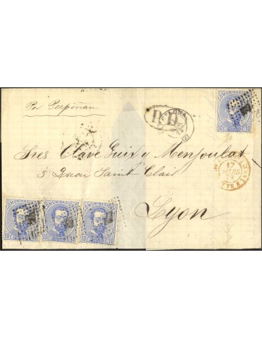 Amadeo I. Sobre 121(4). 1873. 10 cts azul, cuatro sellos. BARCELONA a LYON (FRANCIA). Matasello ROMBO DE PUNTOS. MAGNIFICA.